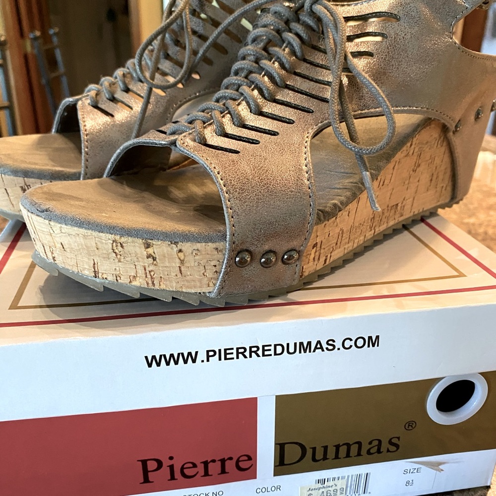 Metallic pewter sexy wedge tie sandals Worn twice